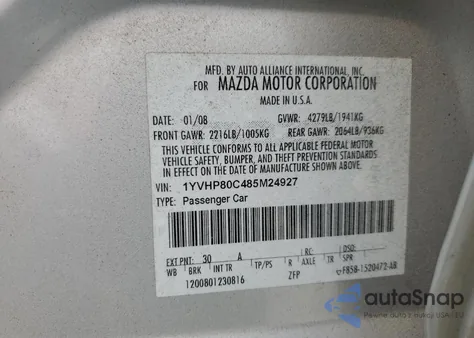 2008 Mazda 6 I from USA, damaged, VIN 1YVHP80C485M24927